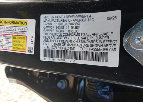 2025 Honda Civic Sedan Sport from USA, damaged, VIN 19XFL2H84SE034959